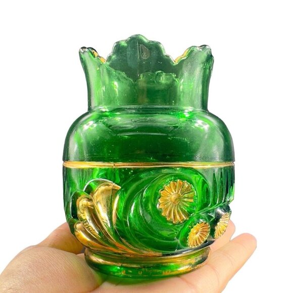1896 EAPG Riverside Esther Emerald Glass Gold Spooner Antique Glass Vase VINTAGE - Picture 1 of 16